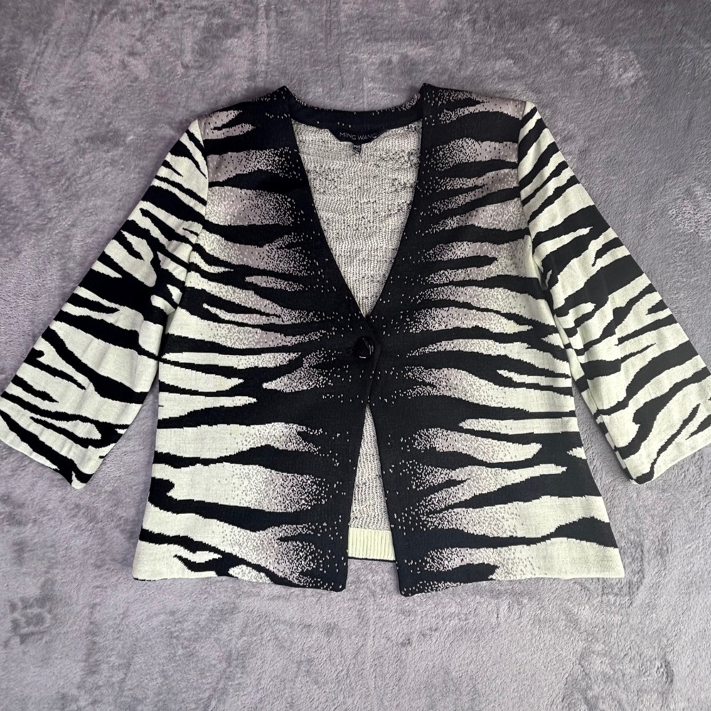 Ming Wang Knit Jacket Women PXS Black White Zebra Print Single Button 3/4 Sleeve